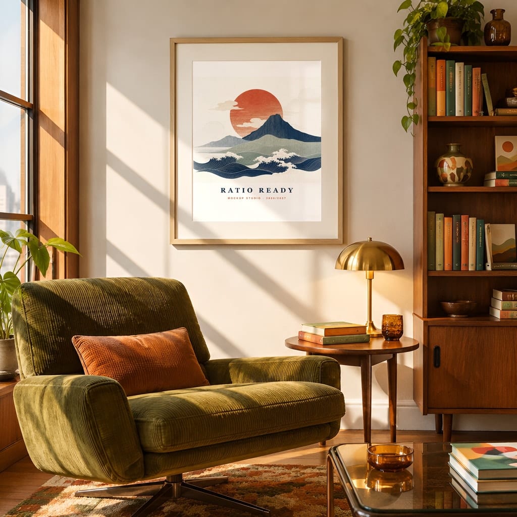 Retro Frame Mockup Bundle — 60s 70s Living Room Wall Art PSD Templates (40 Scenes): mockup scene 11 of 40