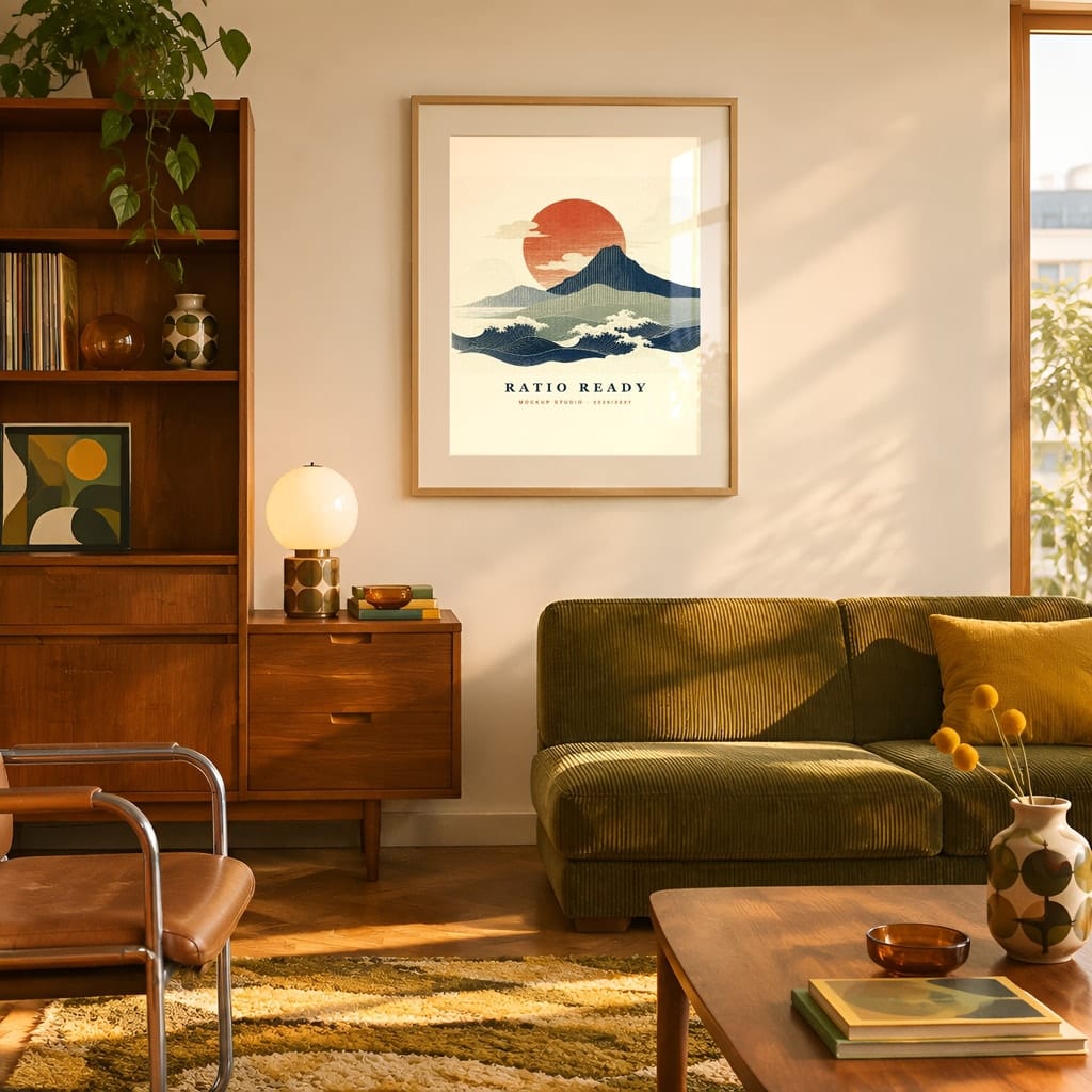 Retro Frame Mockup Bundle — 60s 70s Living Room Wall Art PSD Templates (40 Scenes): mockup scene 14 of 40