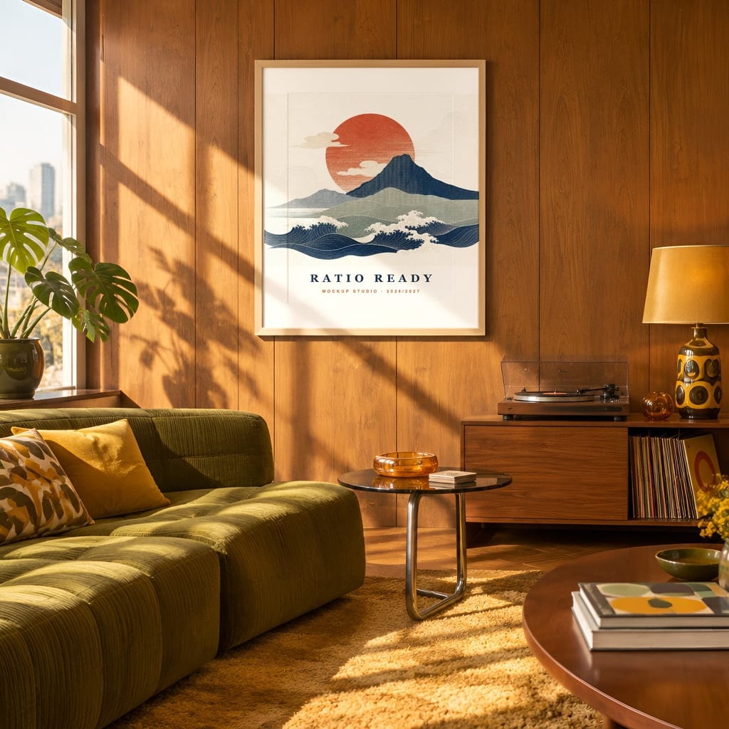 Retro Frame Mockup Bundle — 60s 70s Living Room Wall Art PSD Templates (40 Scenes): mockup scene 17 of 40