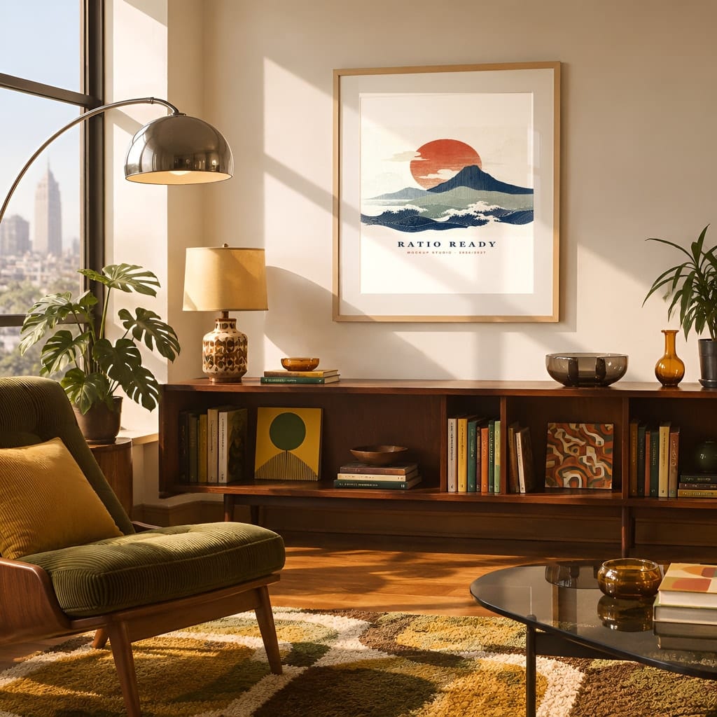 Retro Frame Mockup Bundle — 60s 70s Living Room Wall Art PSD Templates (40 Scenes): mockup scene 20 of 40