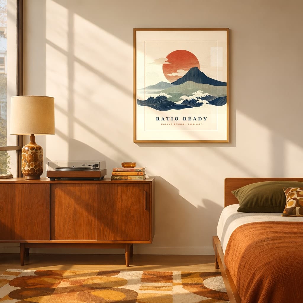 Retro Frame Mockup Bundle — 60s 70s Living Room Wall Art PSD Templates (40 Scenes): mockup scene 22 of 40