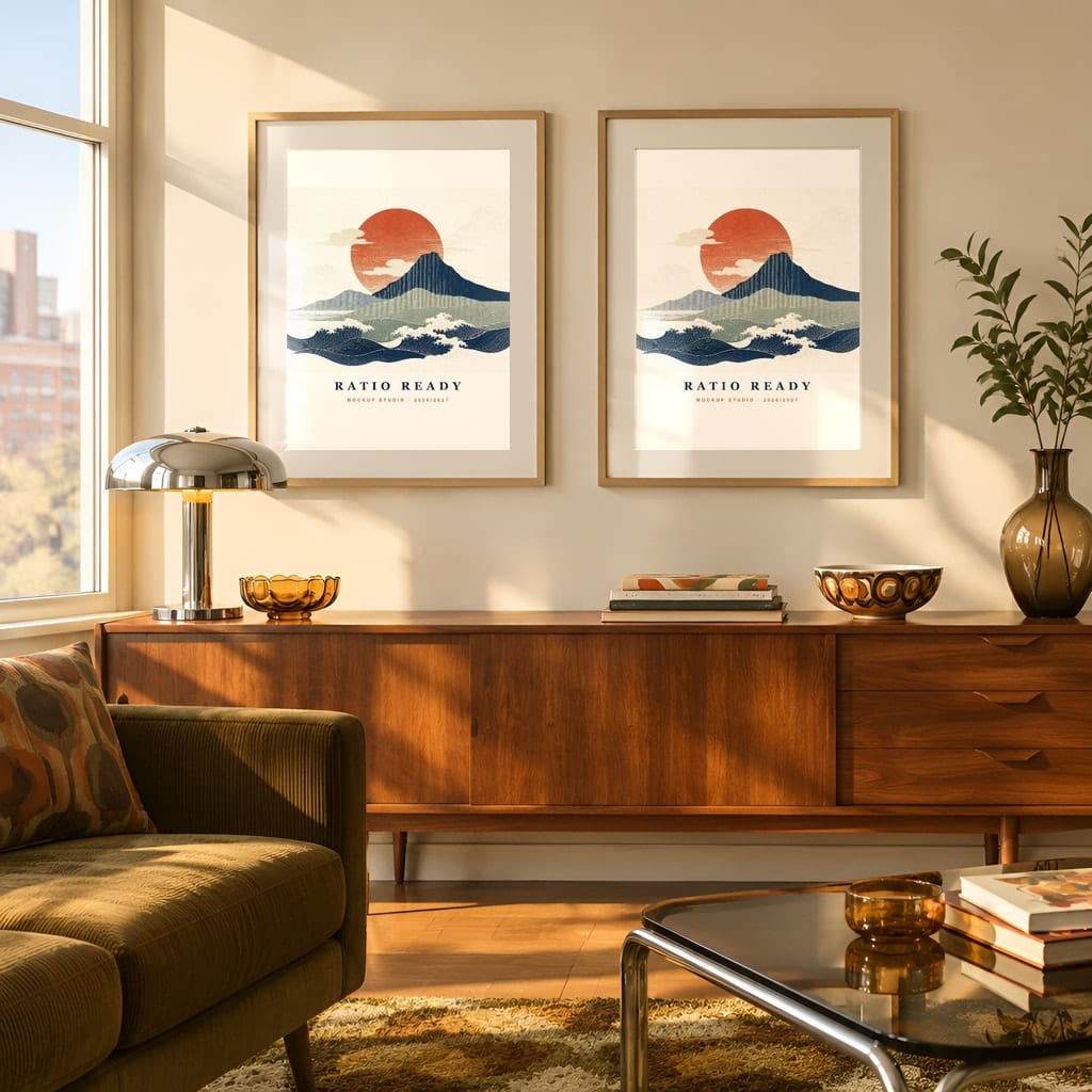 Retro Frame Mockup Bundle — 60s 70s Living Room Wall Art PSD Templates (40 Scenes): mockup scene 23 of 40