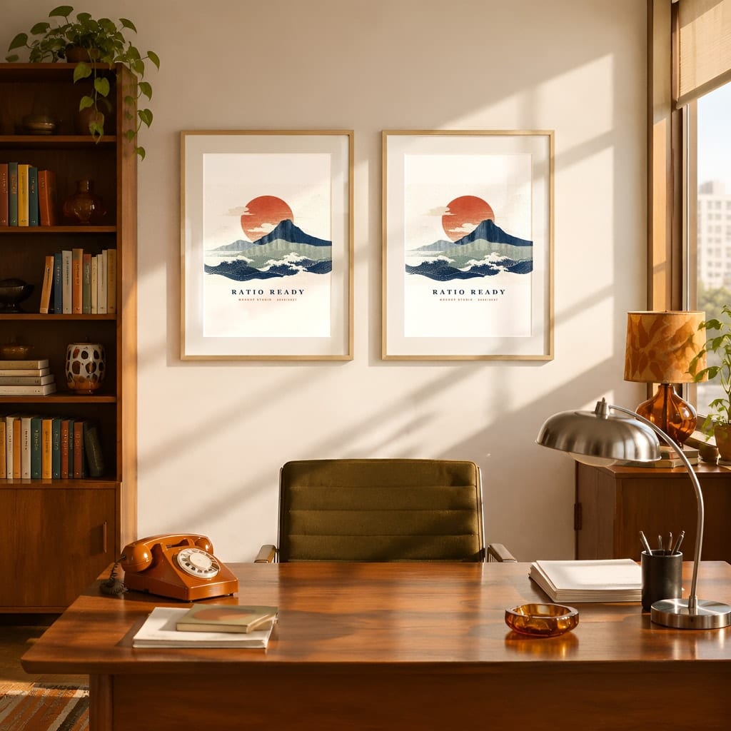 Retro Frame Mockup Bundle — 60s 70s Living Room Wall Art PSD Templates (40 Scenes): mockup scene 24 of 40