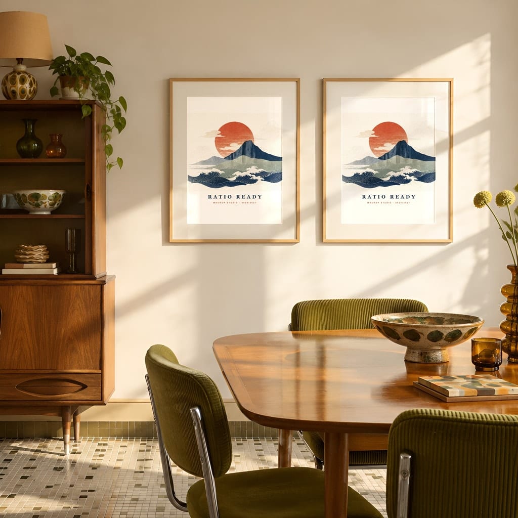 Retro Frame Mockup Bundle — 60s 70s Living Room Wall Art PSD Templates (40 Scenes): mockup scene 26 of 40