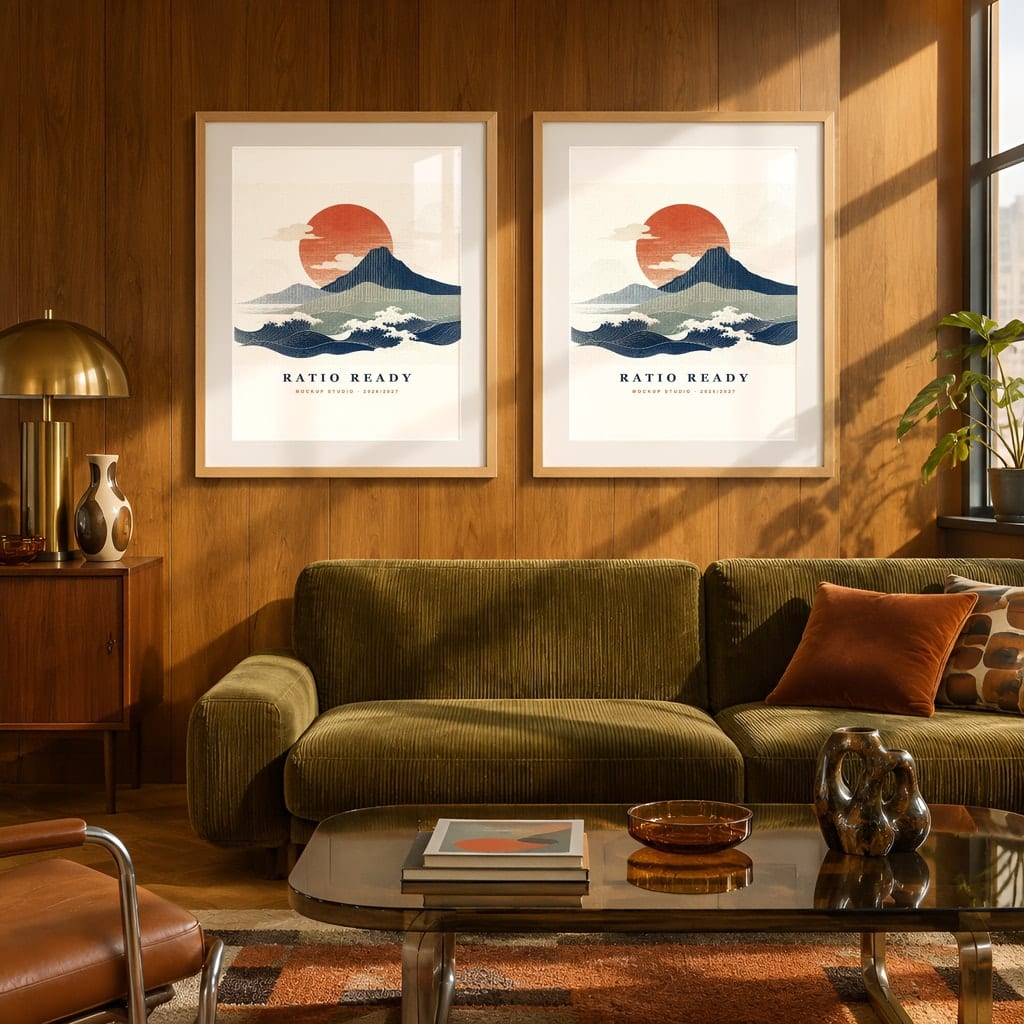 Retro Frame Mockup Bundle — 60s 70s Living Room Wall Art PSD Templates (40 Scenes): mockup scene 27 of 40