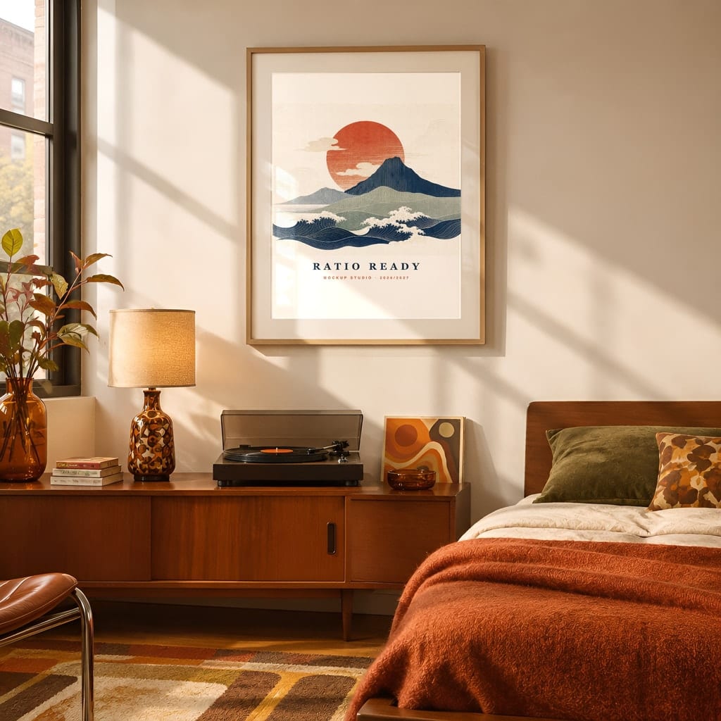 Retro Frame Mockup Bundle — 60s 70s Living Room Wall Art PSD Templates (40 Scenes): mockup scene 3 of 40
