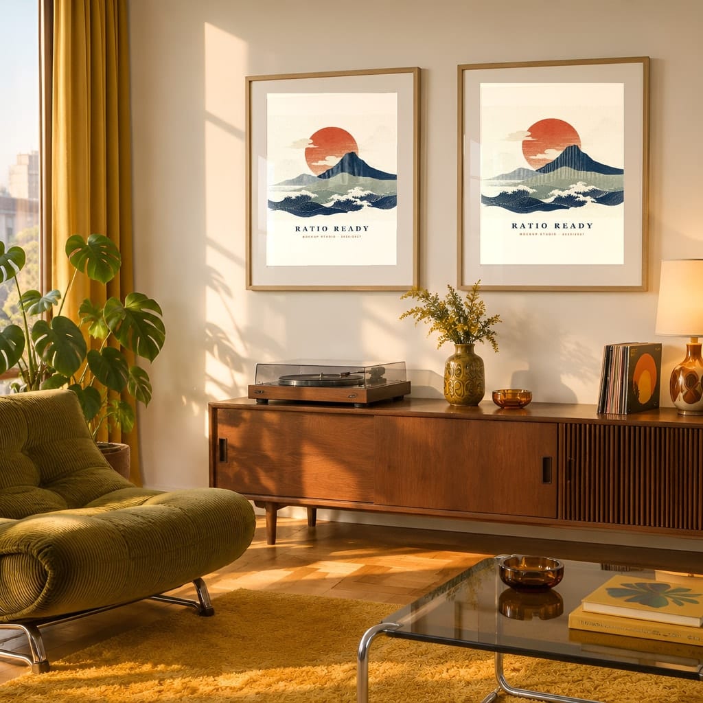 Retro Frame Mockup Bundle — 60s 70s Living Room Wall Art PSD Templates (40 Scenes): mockup scene 30 of 40