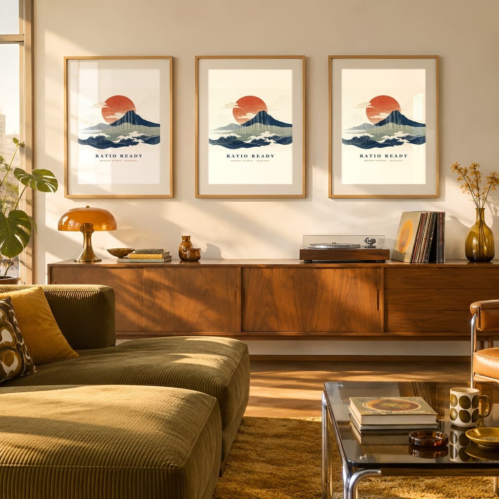 Retro Frame Mockup Bundle — 60s 70s Living Room Wall Art PSD Templates (40 Scenes): mockup scene 35 of 40