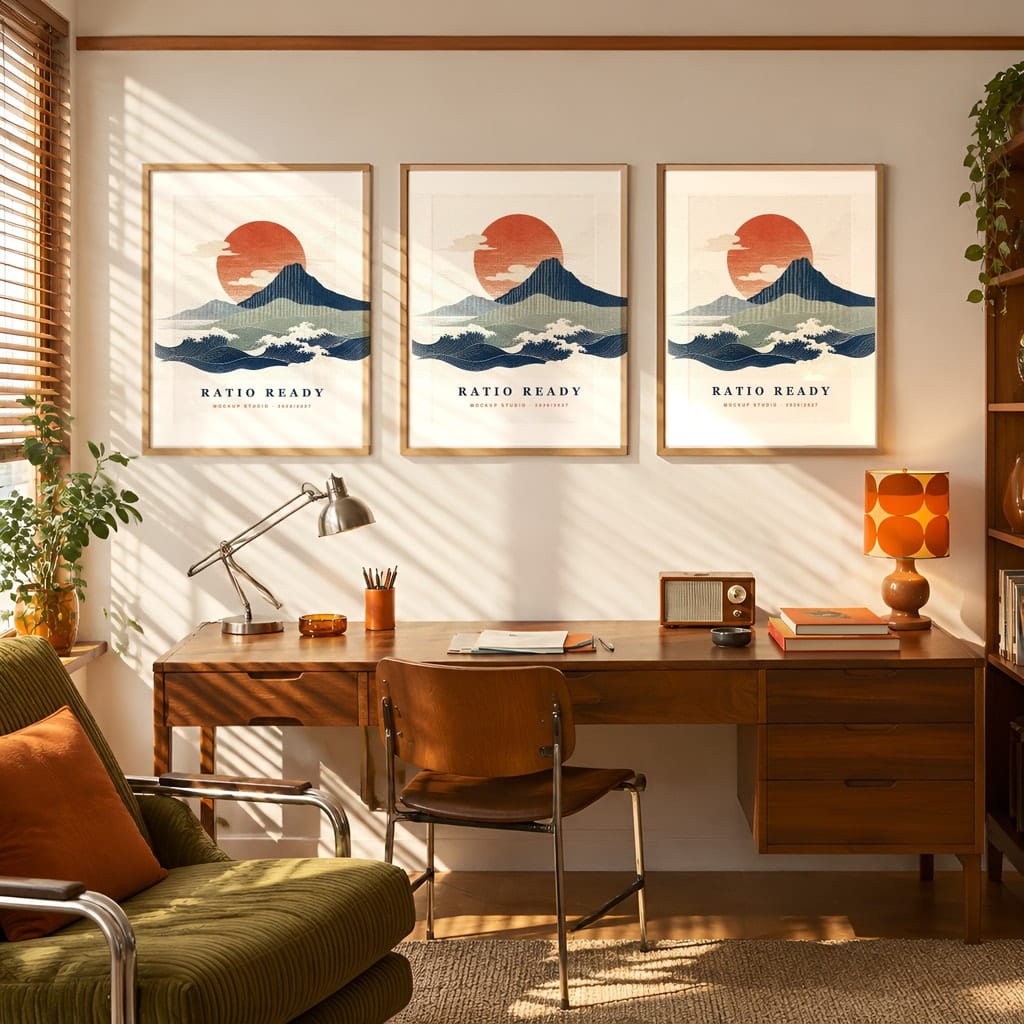 Retro Frame Mockup Bundle — 60s 70s Living Room Wall Art PSD Templates (40 Scenes): mockup scene 37 of 40