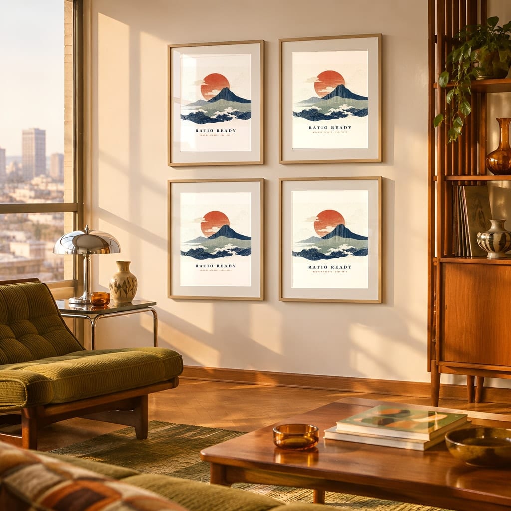 Retro Frame Mockup Bundle — 60s 70s Living Room Wall Art PSD Templates (40 Scenes): mockup scene 40 of 40