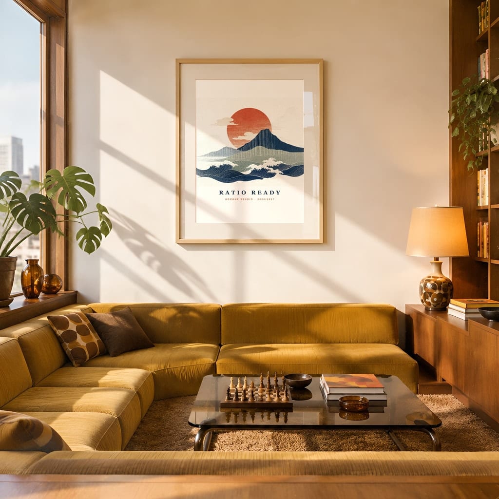 Retro Frame Mockup Bundle — 60s 70s Living Room Wall Art PSD Templates (40 Scenes): mockup scene 5 of 40