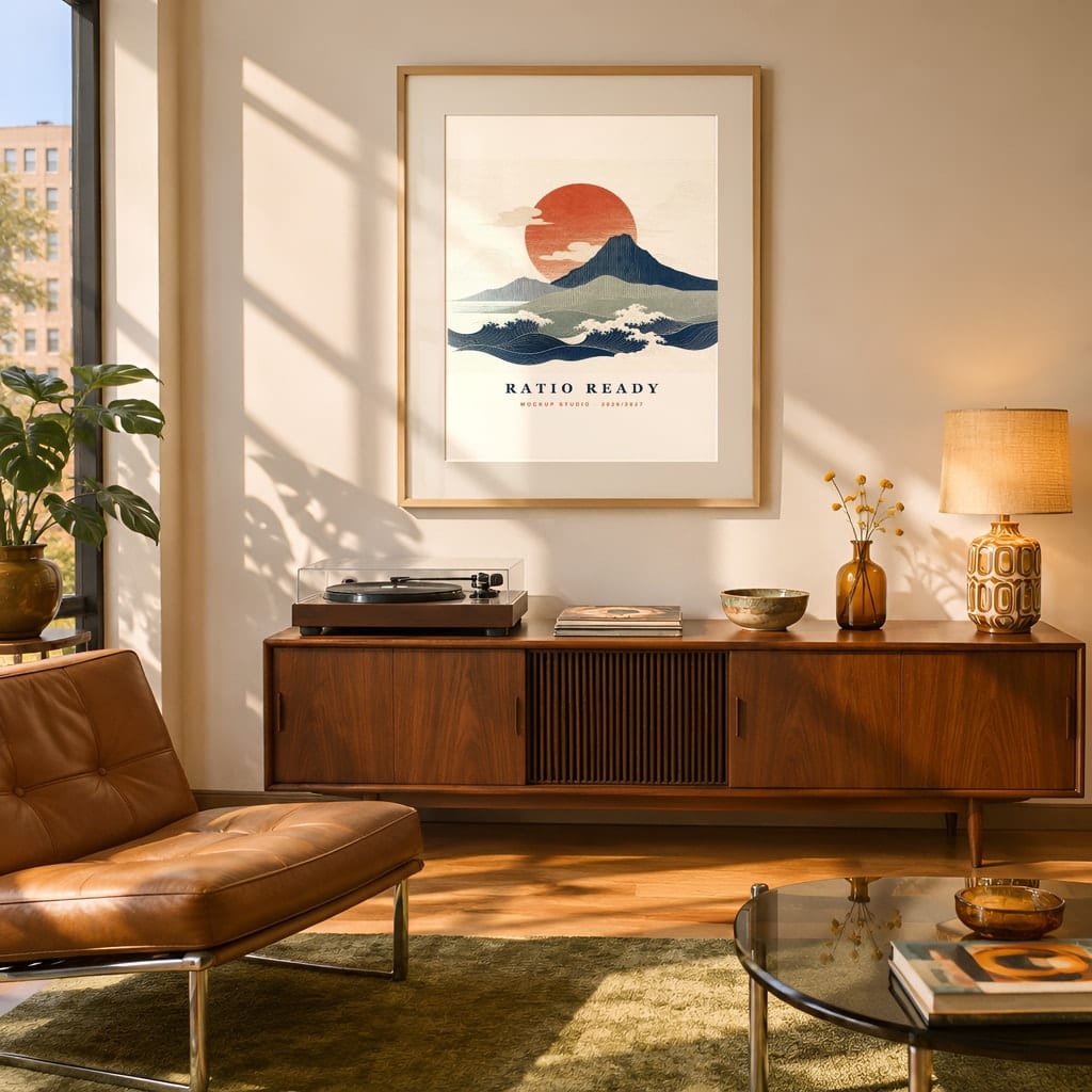 Retro Frame Mockup Bundle — 60s 70s Living Room Wall Art PSD Templates (40 Scenes): mockup scene 9 of 40