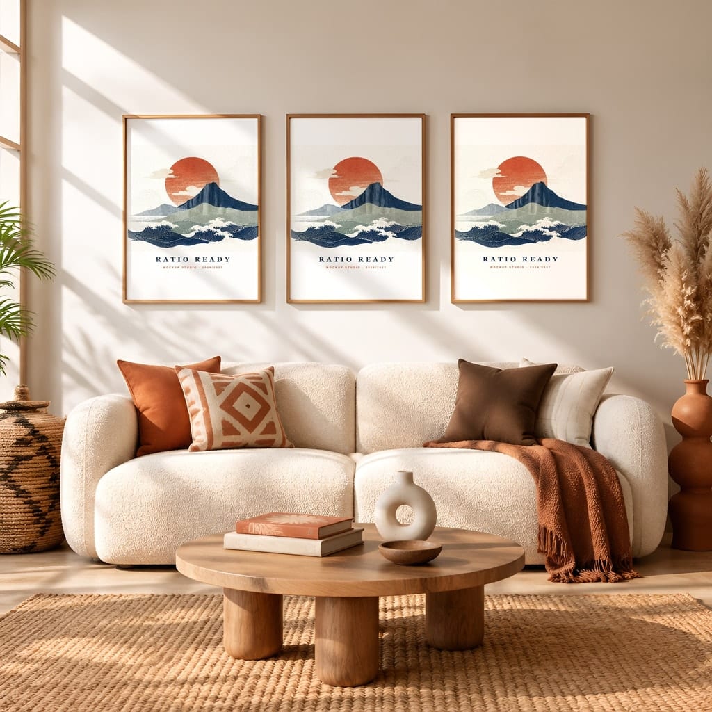 Gallery Wall Mockup — Boho Living Room Afro Bohemian Frame PSD Templates (20 Scenes) — first mockup scene from the pack