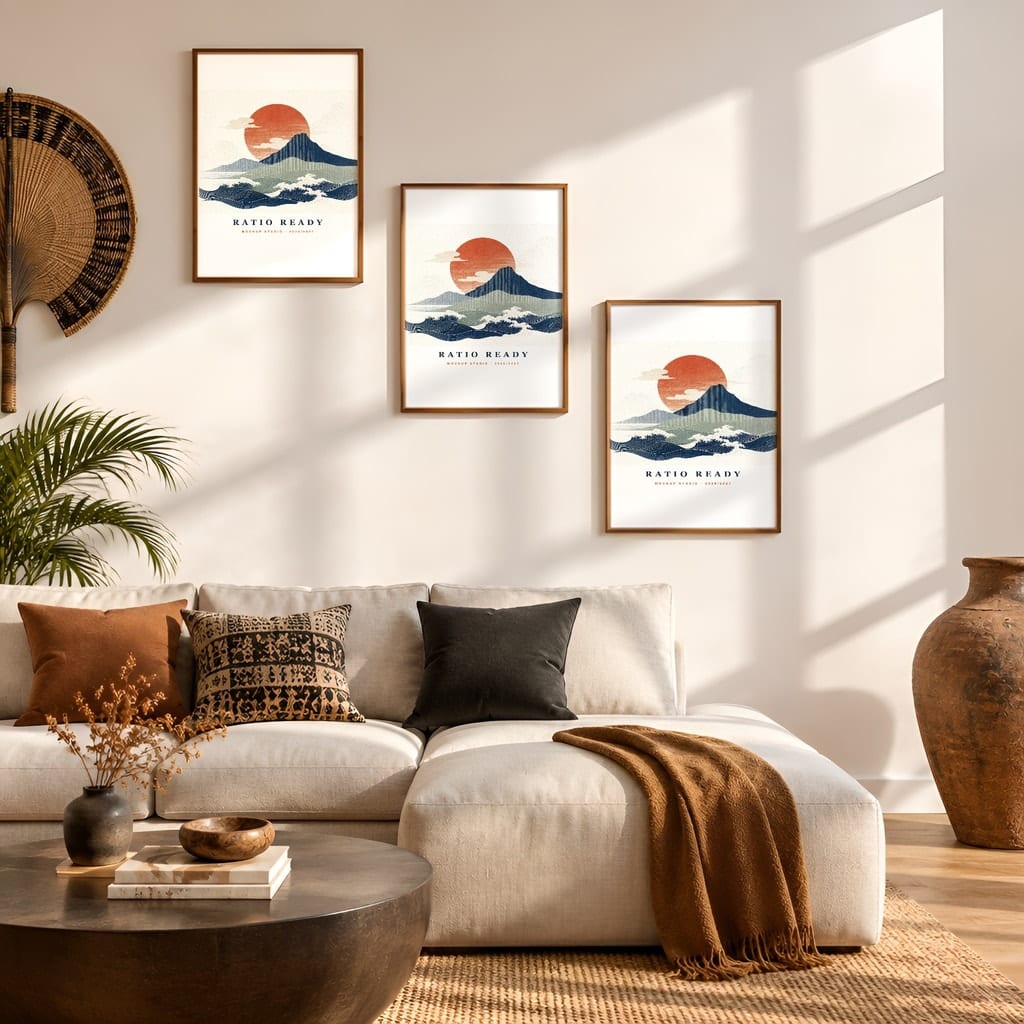 Gallery Wall Mockup — Boho Living Room Afro Bohemian Frame PSD Templates (20 Scenes): mockup scene 10 of 20