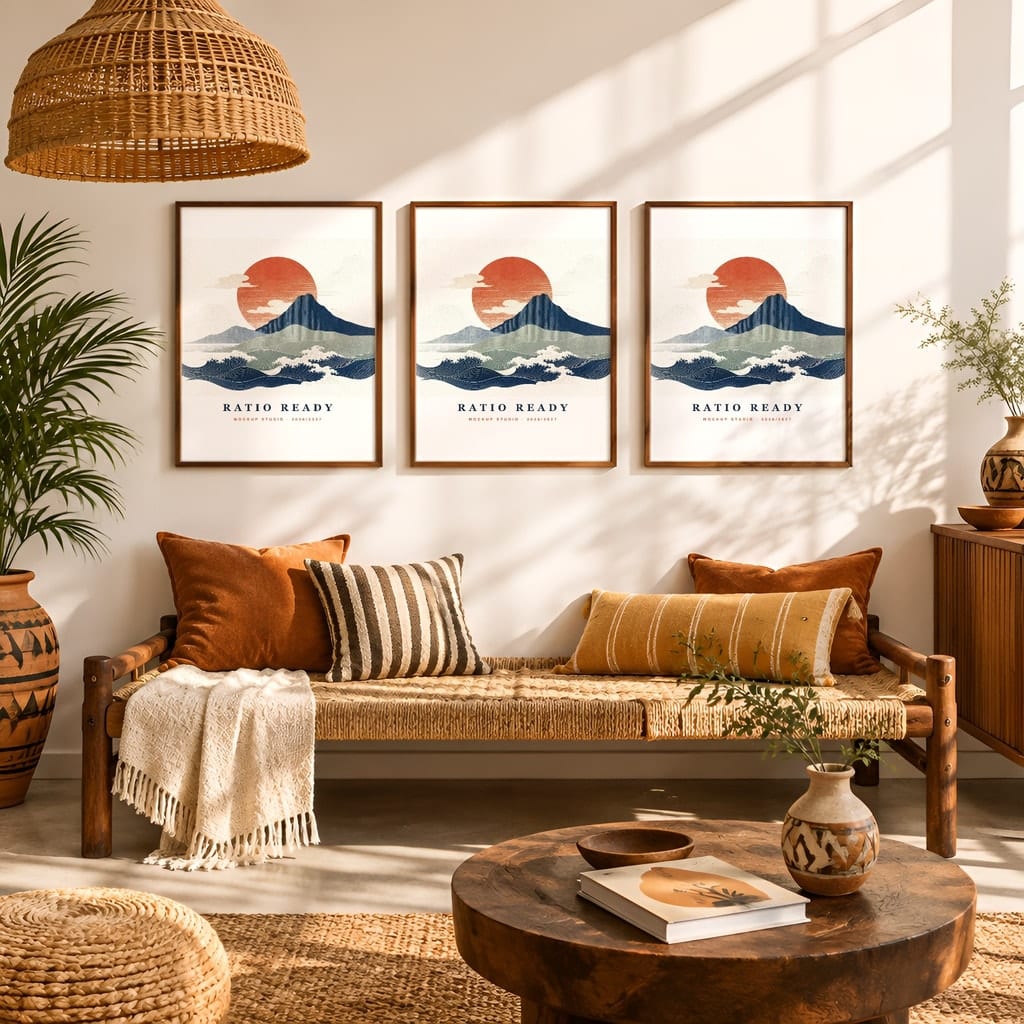 Gallery Wall Mockup — Boho Living Room Afro Bohemian Frame PSD Templates (20 Scenes): mockup scene 12 of 20