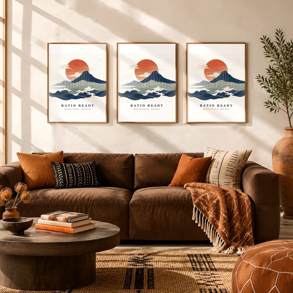 Gallery Wall Mockup — Boho Living Room Afro Bohemian Frame PSD Templates (20 Scenes): mockup scene 13 of 20