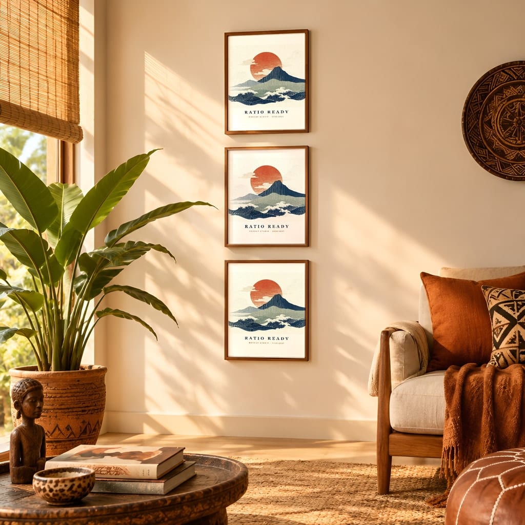 Gallery Wall Mockup — Boho Living Room Afro Bohemian Frame PSD Templates (20 Scenes): mockup scene 14 of 20