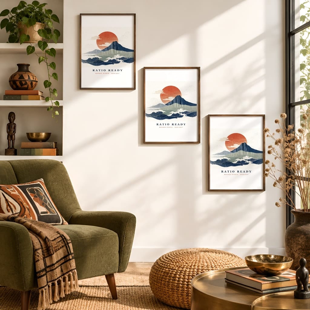 Gallery Wall Mockup — Boho Living Room Afro Bohemian Frame PSD Templates (20 Scenes): mockup scene 15 of 20