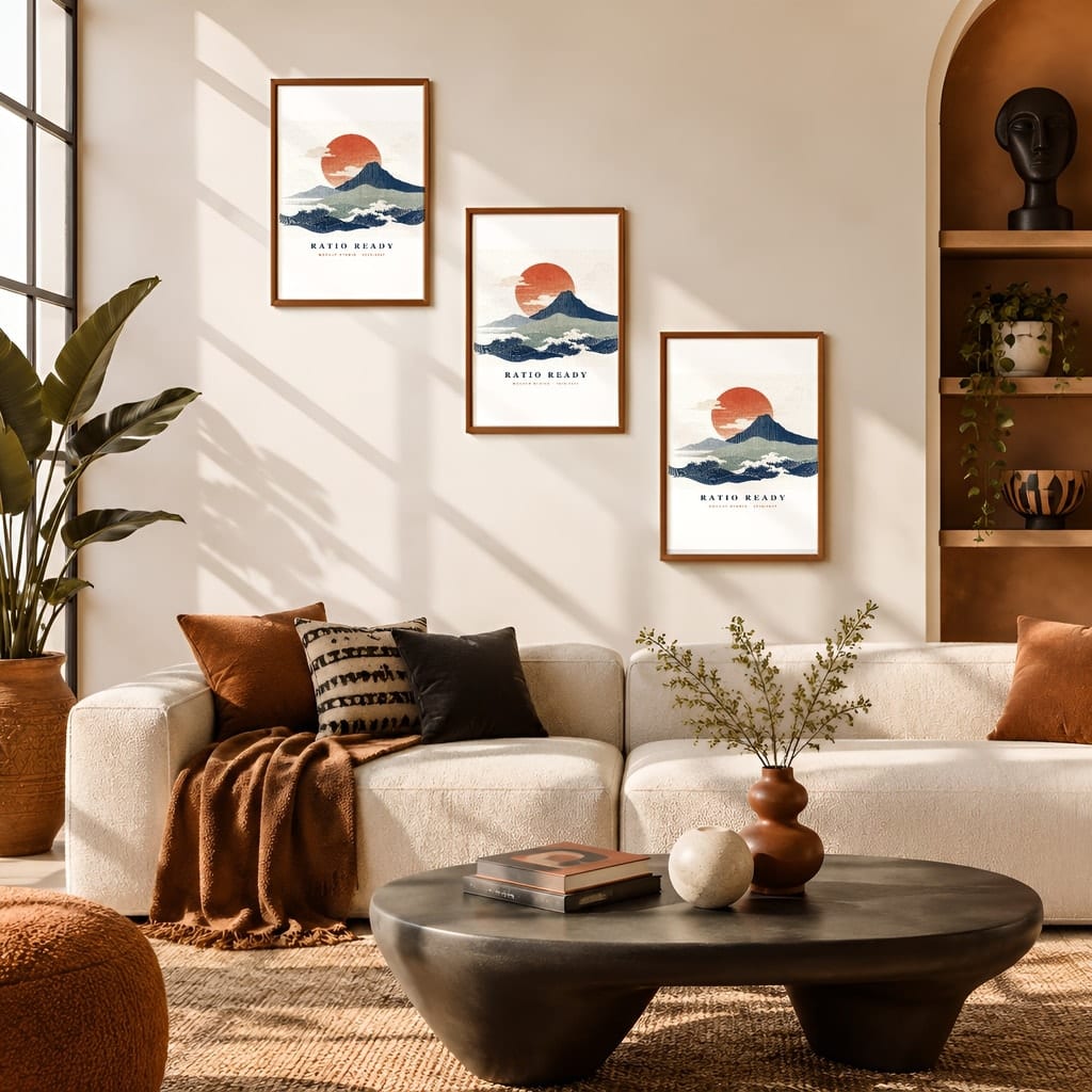 Gallery Wall Mockup — Boho Living Room Afro Bohemian Frame PSD Templates (20 Scenes): mockup scene 16 of 20