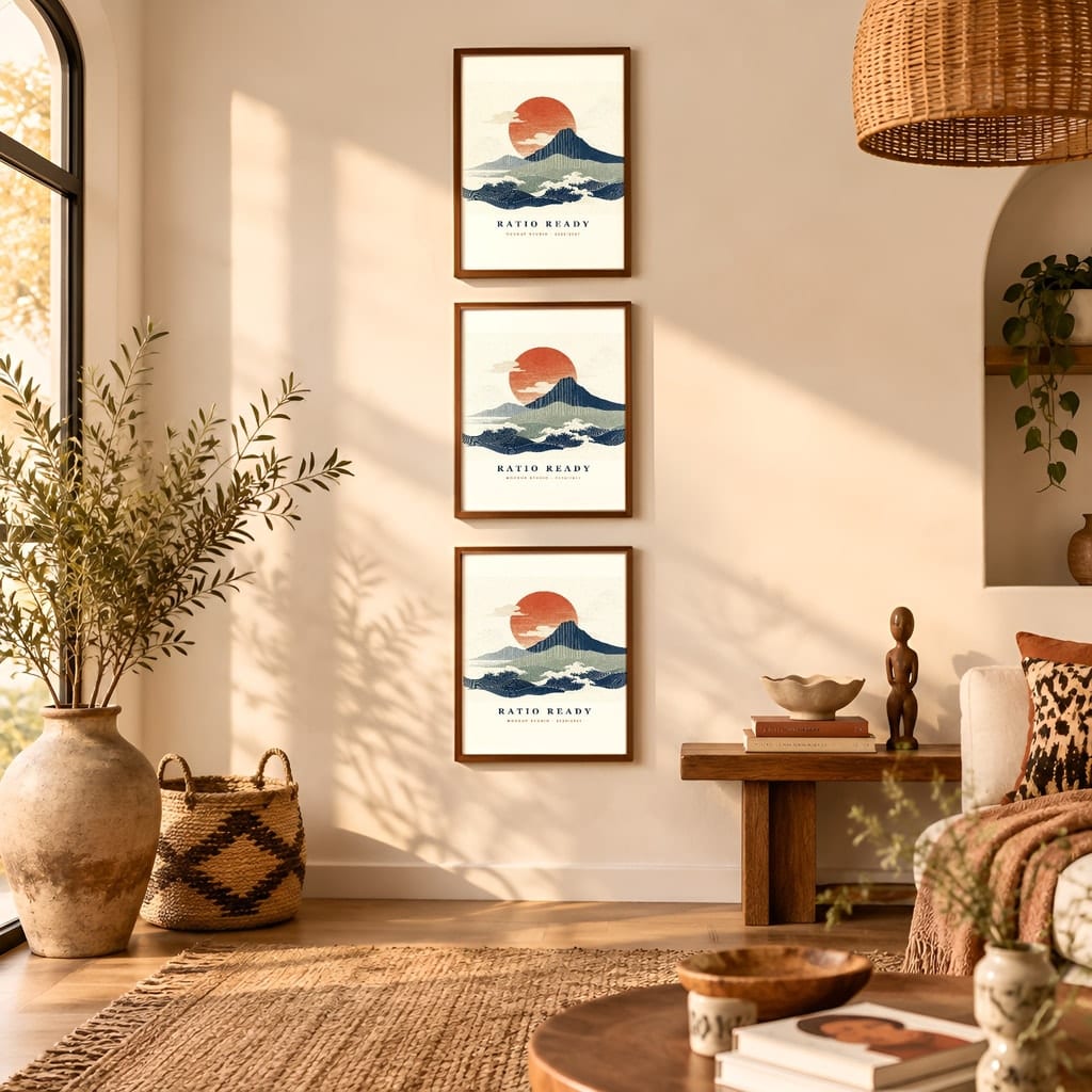 Gallery Wall Mockup — Boho Living Room Afro Bohemian Frame PSD Templates (20 Scenes): mockup scene 17 of 20