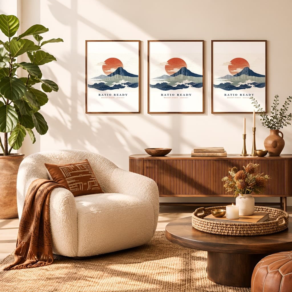 Gallery Wall Mockup — Boho Living Room Afro Bohemian Frame PSD Templates (20 Scenes): mockup scene 18 of 20