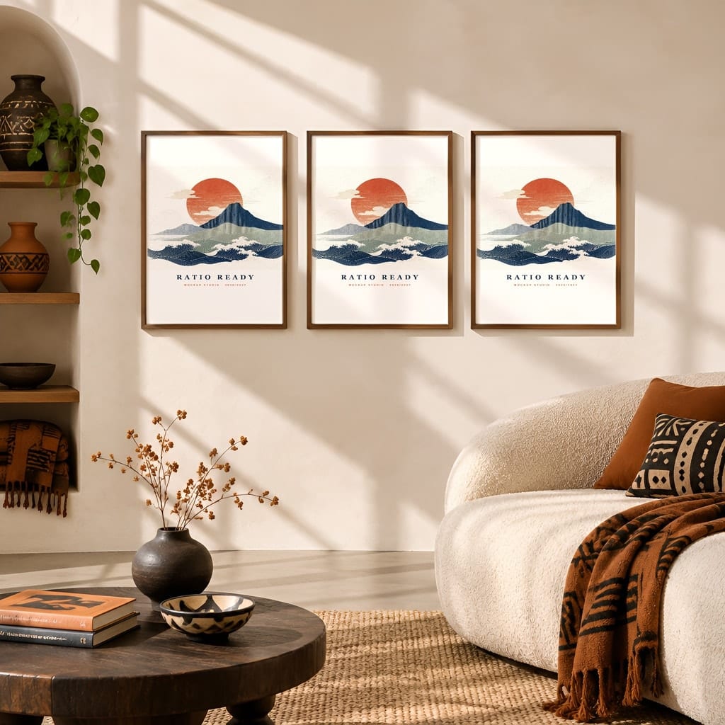 Gallery Wall Mockup — Boho Living Room Afro Bohemian Frame PSD Templates (20 Scenes): mockup scene 19 of 20