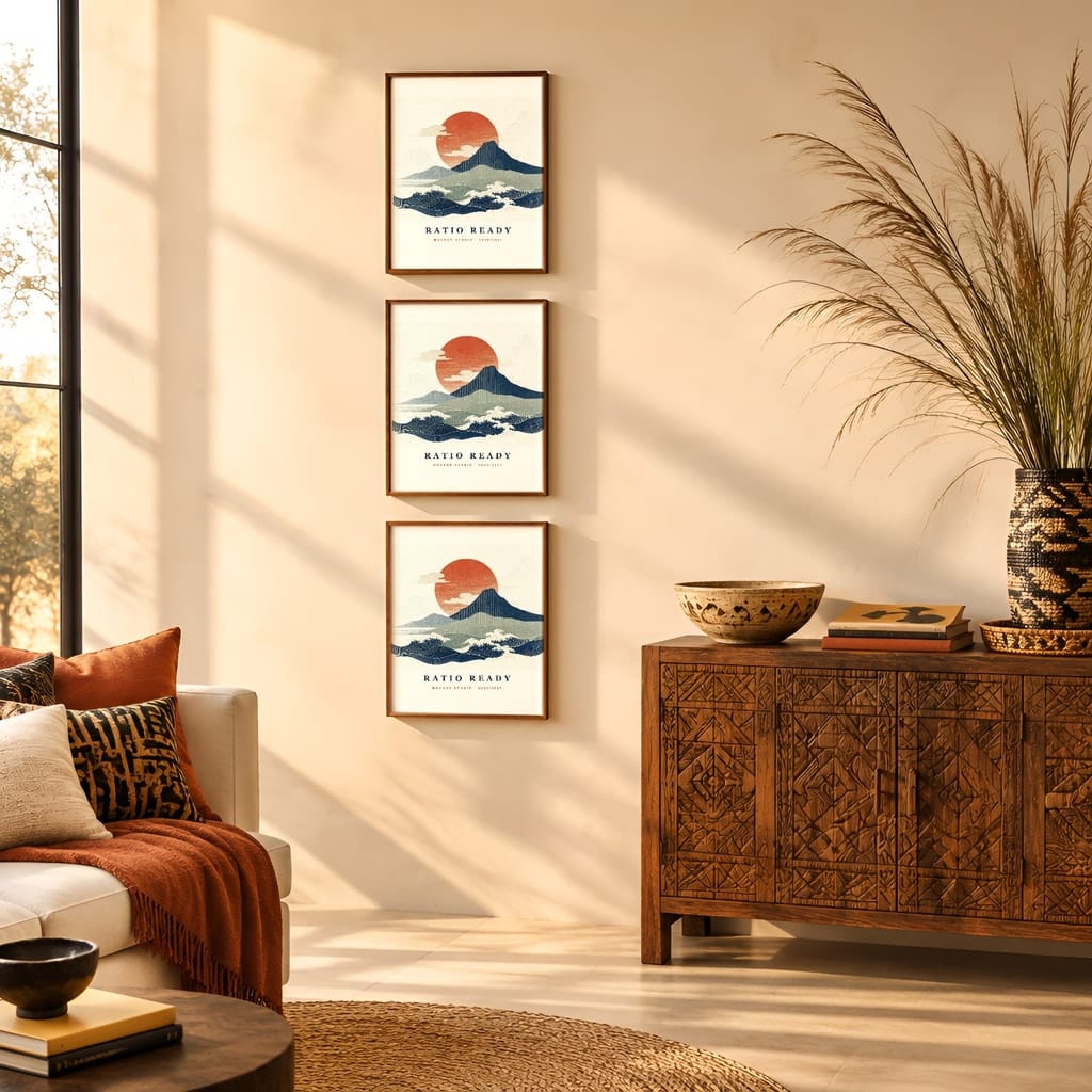 Gallery Wall Mockup — Boho Living Room Afro Bohemian Frame PSD Templates (20 Scenes): mockup scene 2 of 20