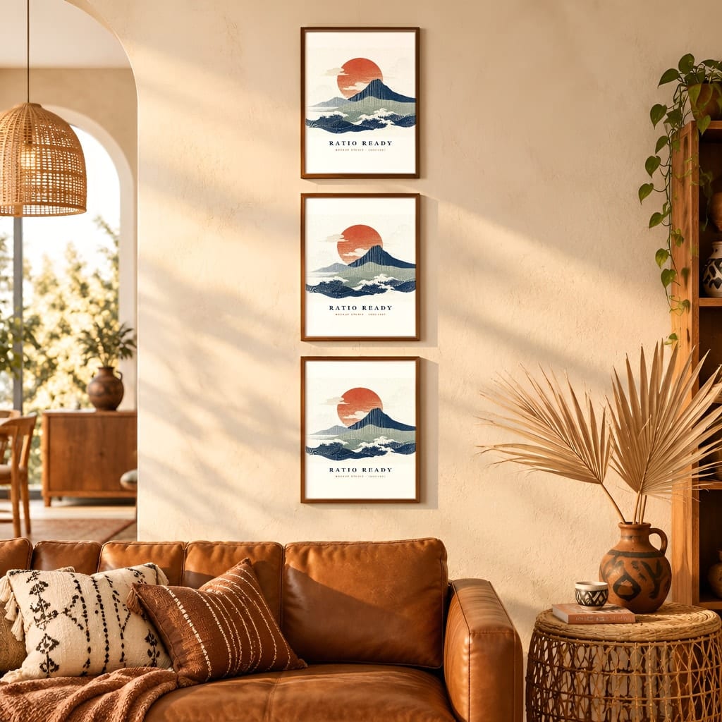 Gallery Wall Mockup — Boho Living Room Afro Bohemian Frame PSD Templates (20 Scenes): mockup scene 20 of 20