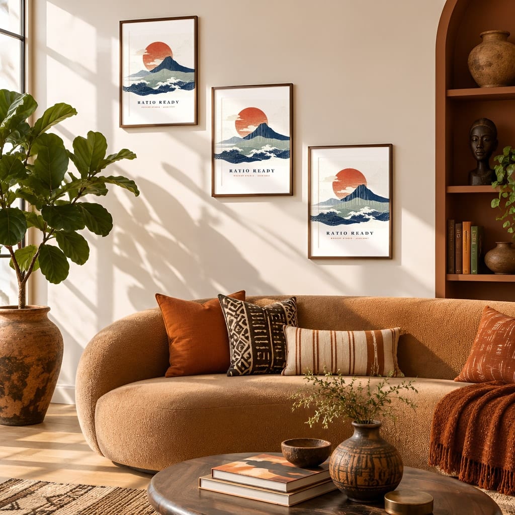 Gallery Wall Mockup — Boho Living Room Afro Bohemian Frame PSD Templates (20 Scenes): mockup scene 3 of 20