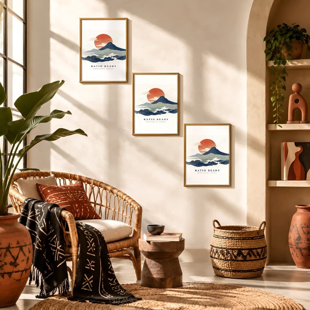 Gallery Wall Mockup — Boho Living Room Afro Bohemian Frame PSD Templates (20 Scenes): mockup scene 4 of 20