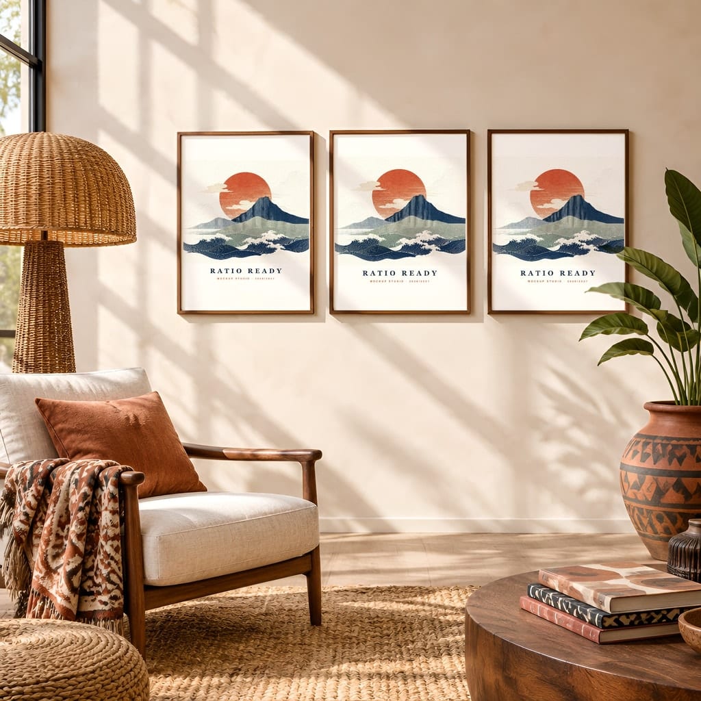 Gallery Wall Mockup — Boho Living Room Afro Bohemian Frame PSD Templates (20 Scenes): mockup scene 6 of 20