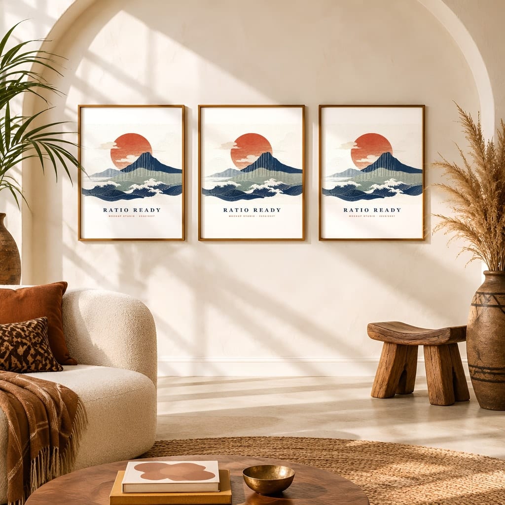 Gallery Wall Mockup — Boho Living Room Afro Bohemian Frame PSD Templates (20 Scenes): mockup scene 7 of 20