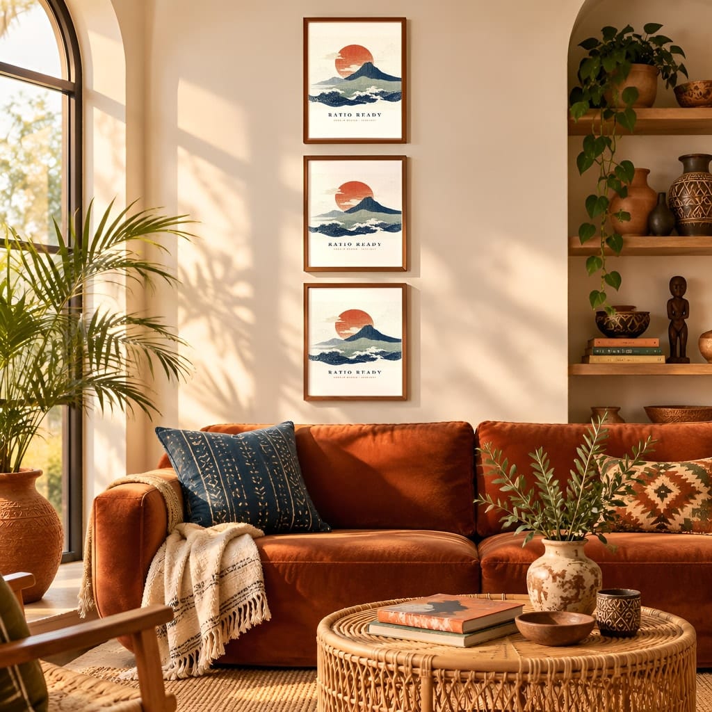 Gallery Wall Mockup — Boho Living Room Afro Bohemian Frame PSD Templates (20 Scenes): mockup scene 8 of 20