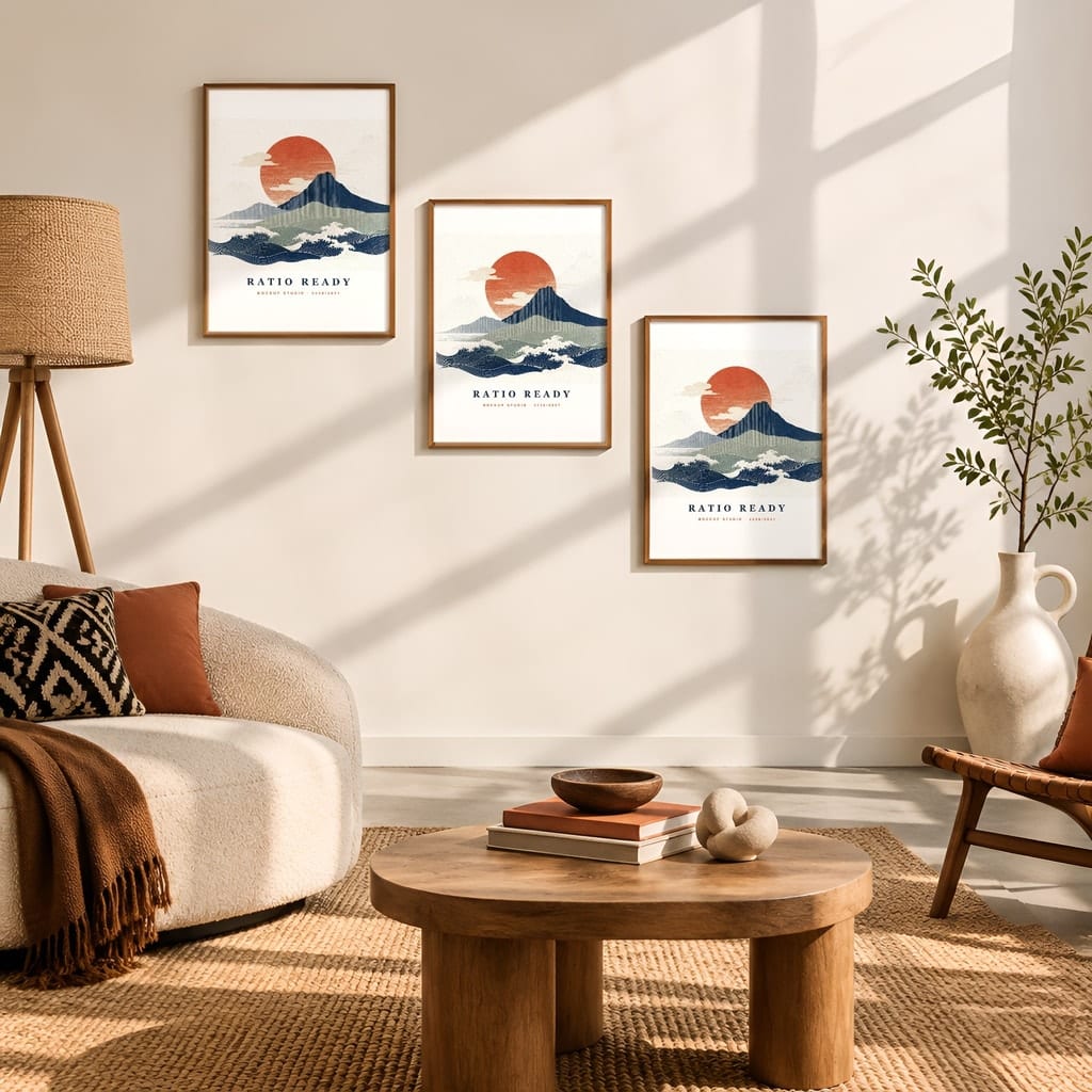 Gallery Wall Mockup — Boho Living Room Afro Bohemian Frame PSD Templates (20 Scenes): mockup scene 9 of 20