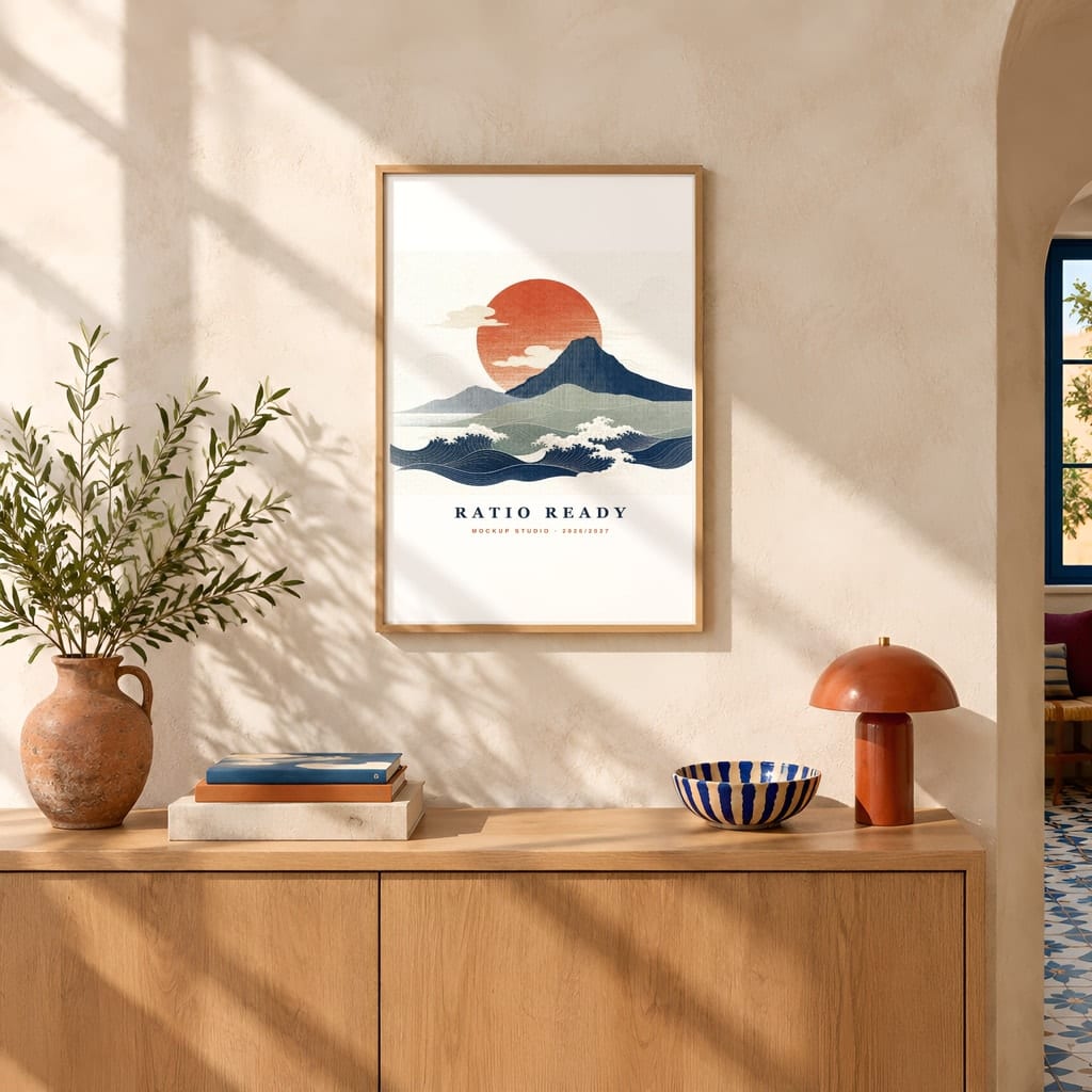 Hotel Room Wall Art Mockup — Boutique Airbnb Frame PSD Templates (20 Scenes) — first mockup scene from the pack