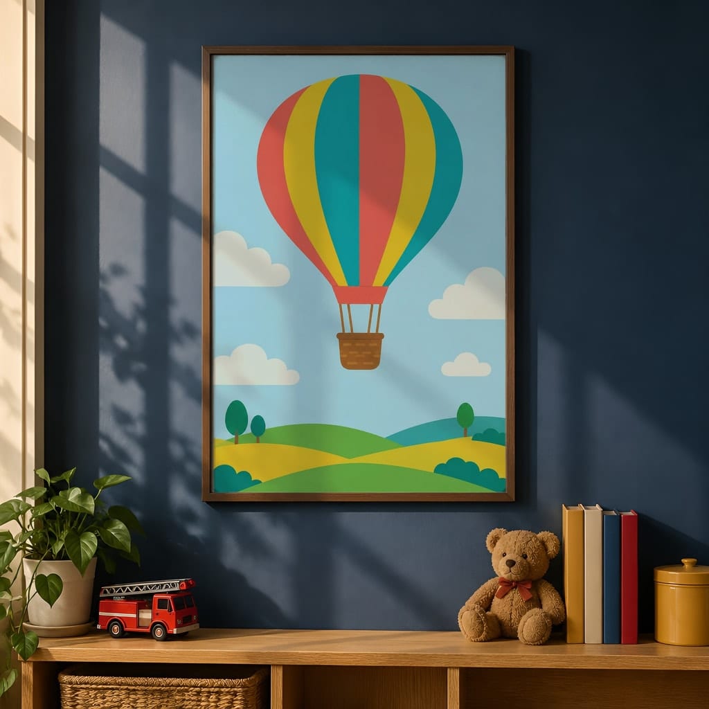 Boys Room Frame Mockup Bundle — 40 Vertical Navy and Oak Nursery and Kids Wall Art PSD Mockups: mockup scene 13 of 40