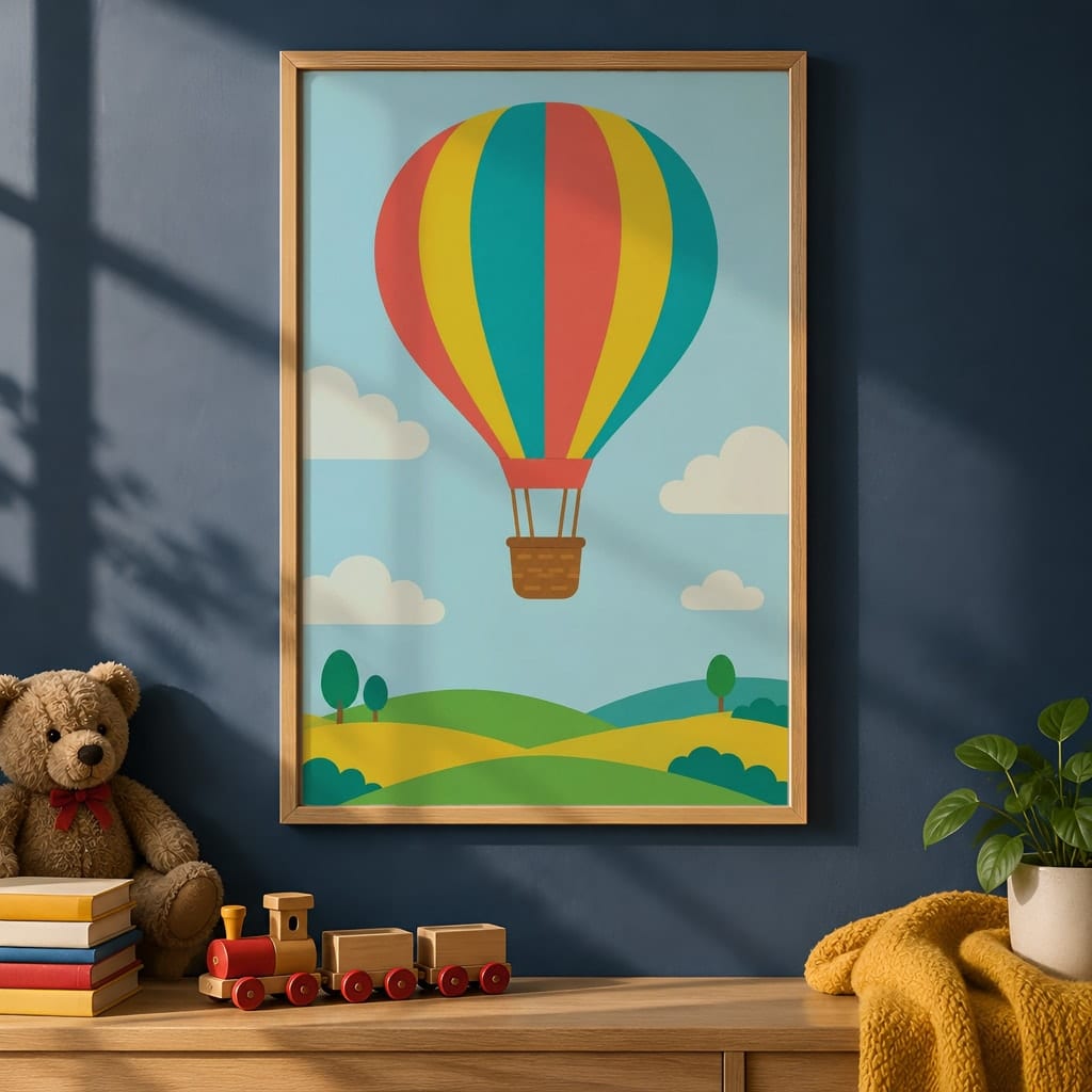 Boys Room Frame Mockup Bundle — 40 Vertical Navy and Oak Nursery and Kids Wall Art PSD Mockups: mockup scene 14 of 40