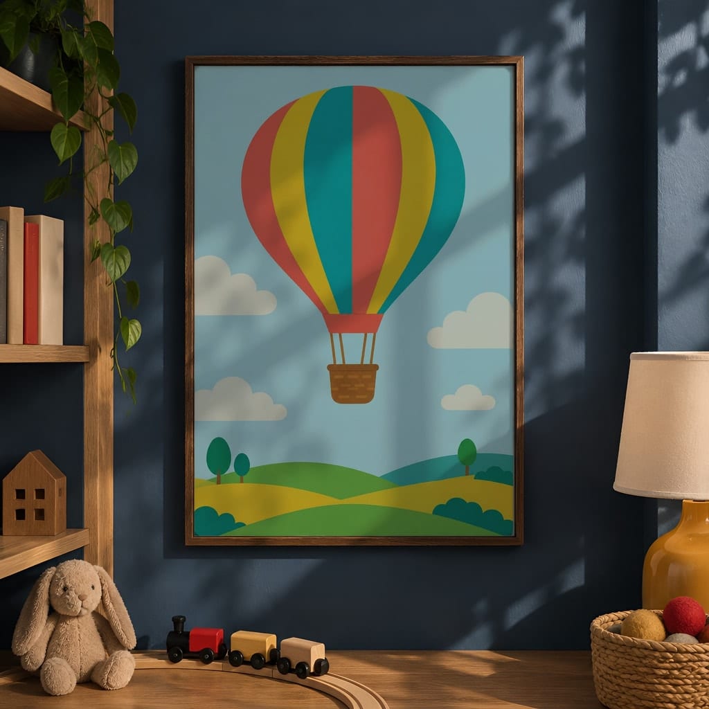 Boys Room Frame Mockup Bundle — 40 Vertical Navy and Oak Nursery and Kids Wall Art PSD Mockups: mockup scene 18 of 40