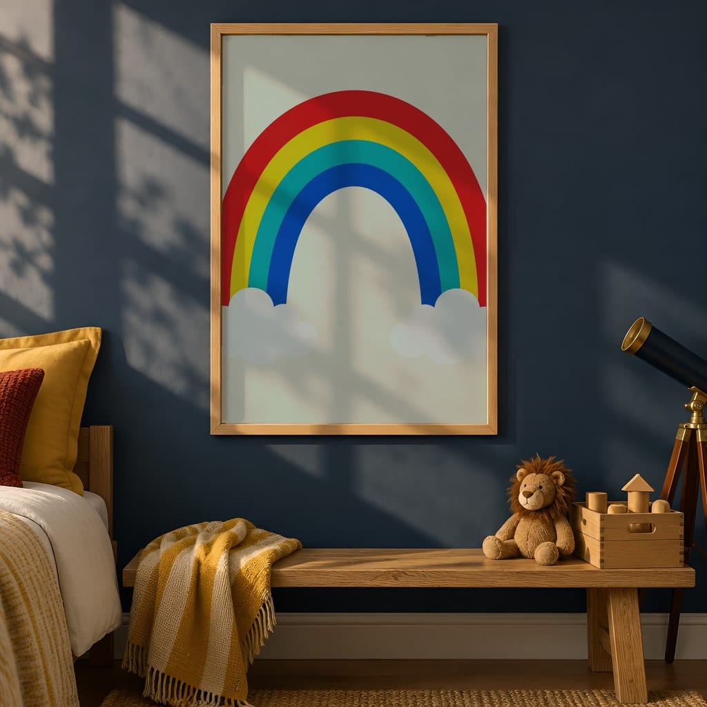 Boys Room Frame Mockup Bundle — 40 Vertical Navy and Oak Nursery and Kids Wall Art PSD Mockups: mockup scene 19 of 40