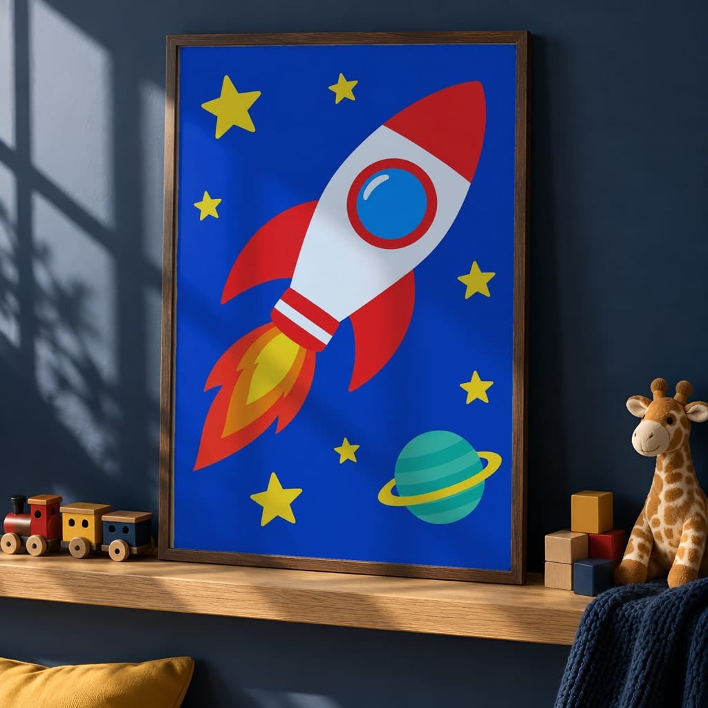 Boys Room Frame Mockup Bundle — 40 Vertical Navy and Oak Nursery and Kids Wall Art PSD Mockups: mockup scene 23 of 40