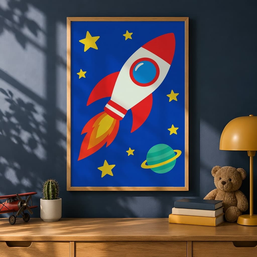 Boys Room Frame Mockup Bundle — 40 Vertical Navy and Oak Nursery and Kids Wall Art PSD Mockups: mockup scene 24 of 40