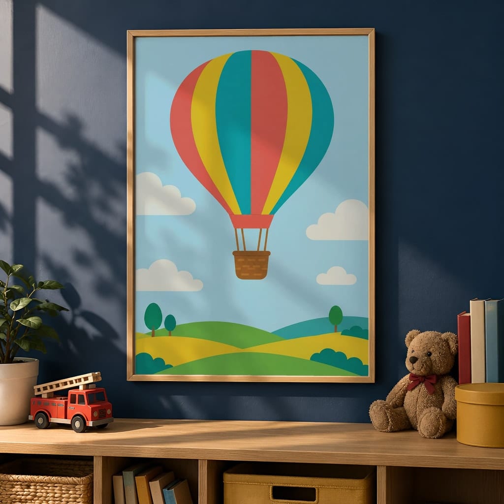 Boys Room Frame Mockup Bundle — 40 Vertical Navy and Oak Nursery and Kids Wall Art PSD Mockups: mockup scene 26 of 40
