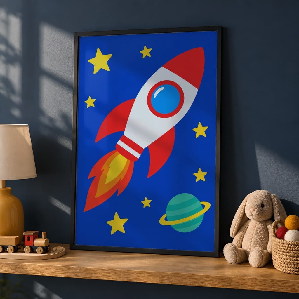 Boys Room Frame Mockup Bundle — 40 Vertical Navy and Oak Nursery and Kids Wall Art PSD Mockups: mockup scene 5 of 40