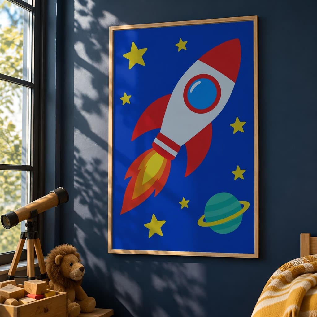 Boys Room Frame Mockup Bundle — 40 Vertical Navy and Oak Nursery and Kids Wall Art PSD Mockups: mockup scene 6 of 40