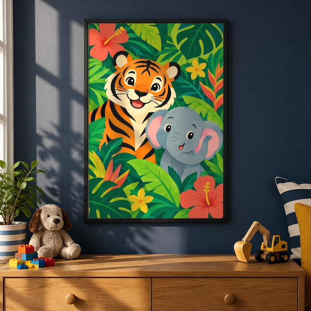 Boys Room Frame Mockup Bundle — 40 Vertical Navy and Oak Nursery and Kids Wall Art PSD Mockups: mockup scene 7 of 40