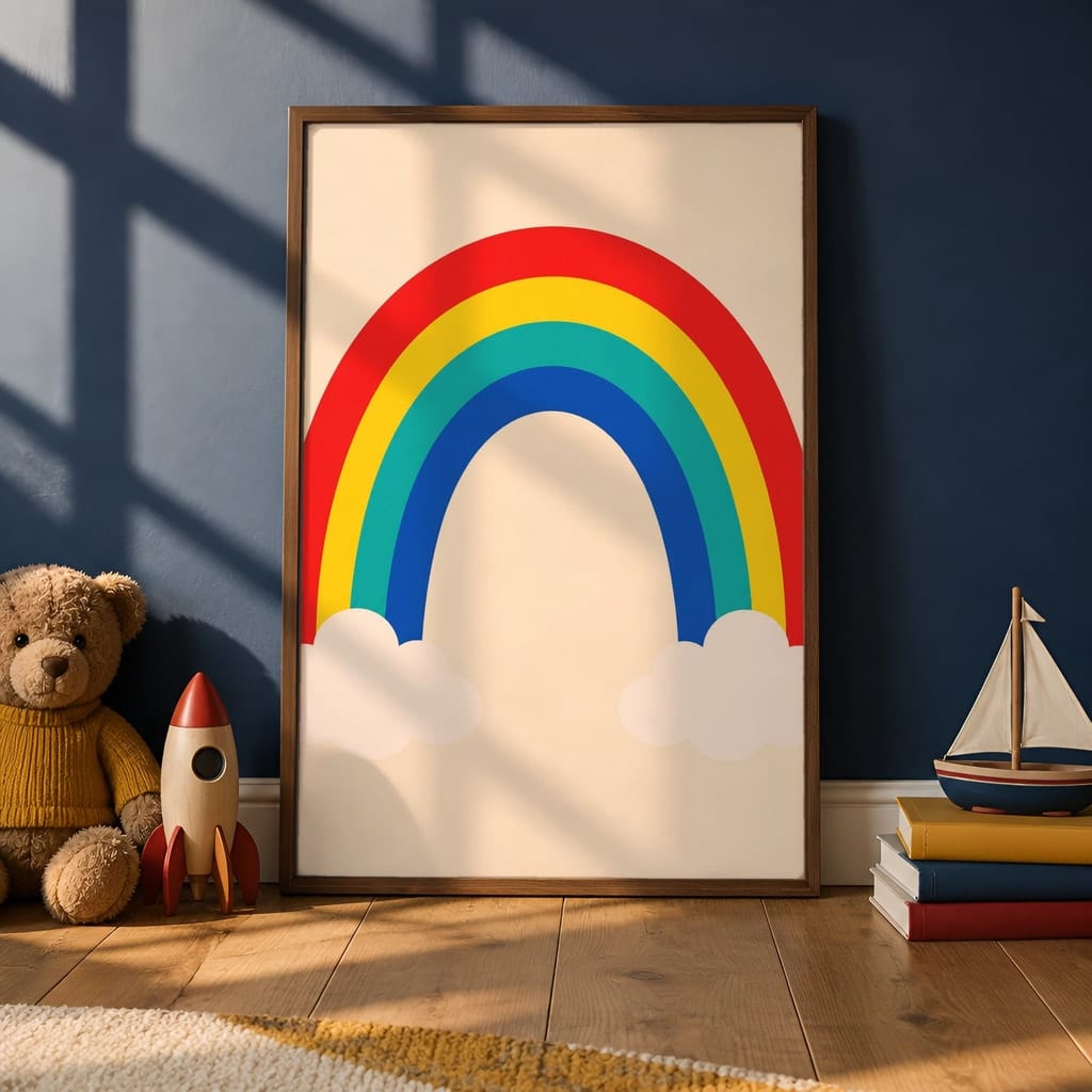 Boys Room Frame Mockup Bundle — 40 Vertical Navy and Oak Nursery and Kids Wall Art PSD Mockups: mockup scene 8 of 40
