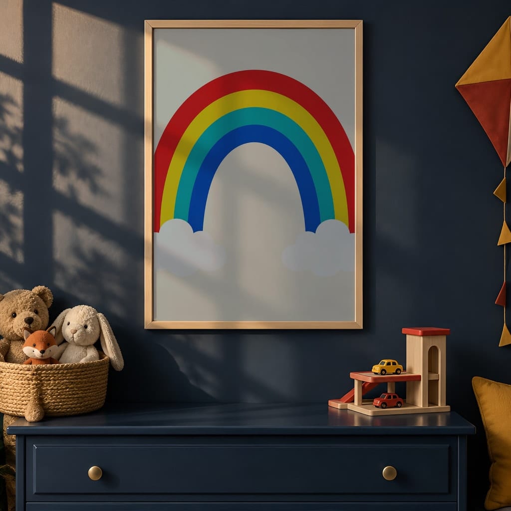 Boys Room Frame Mockup Bundle — 40 Vertical Navy and Oak Nursery and Kids Wall Art PSD Mockups: mockup scene 9 of 40