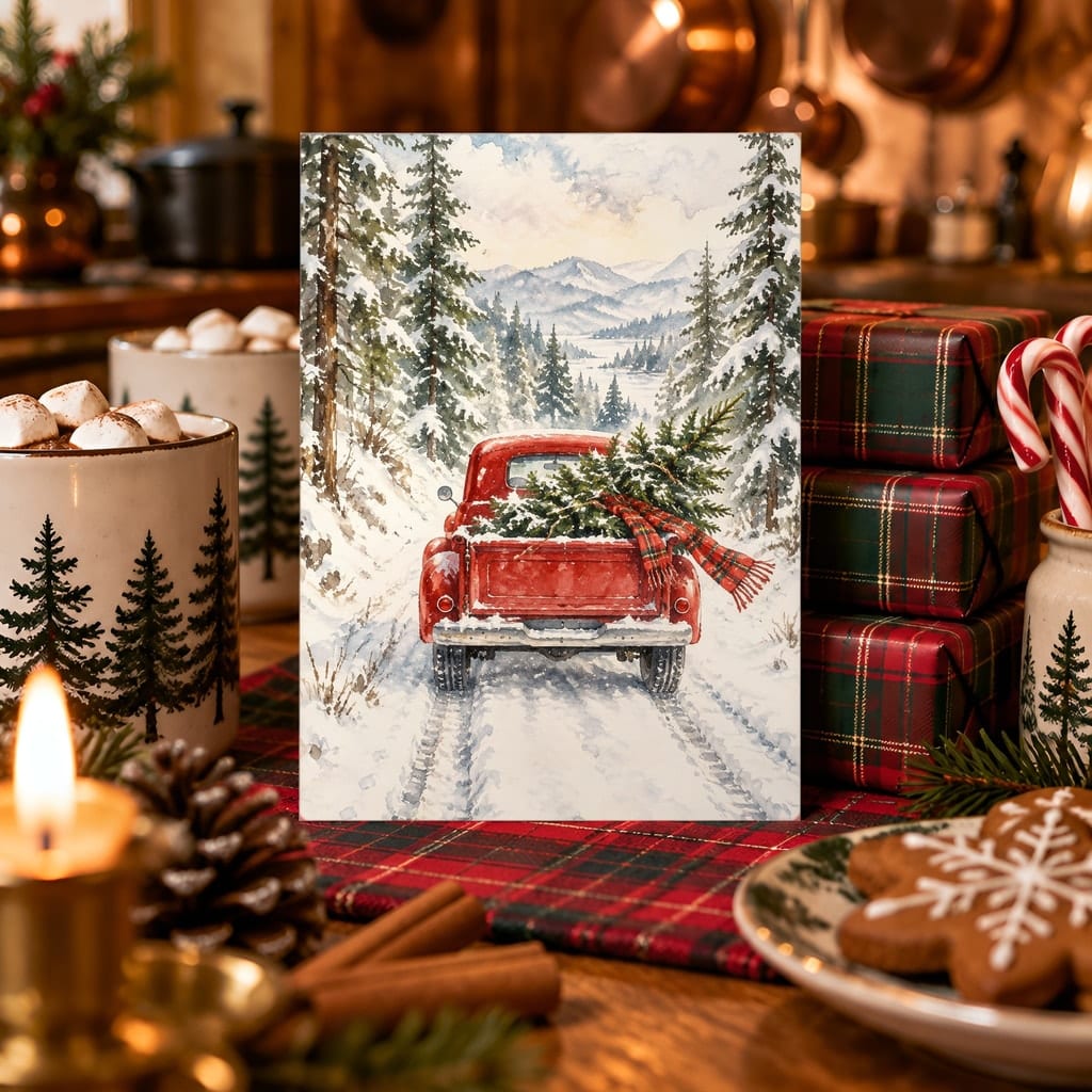 Christmas Card Mockup Bundle — 20 Cozy Cabin Plaid 5x7 Greeting Card PSD Mockups: mockup scene 10 of 20
