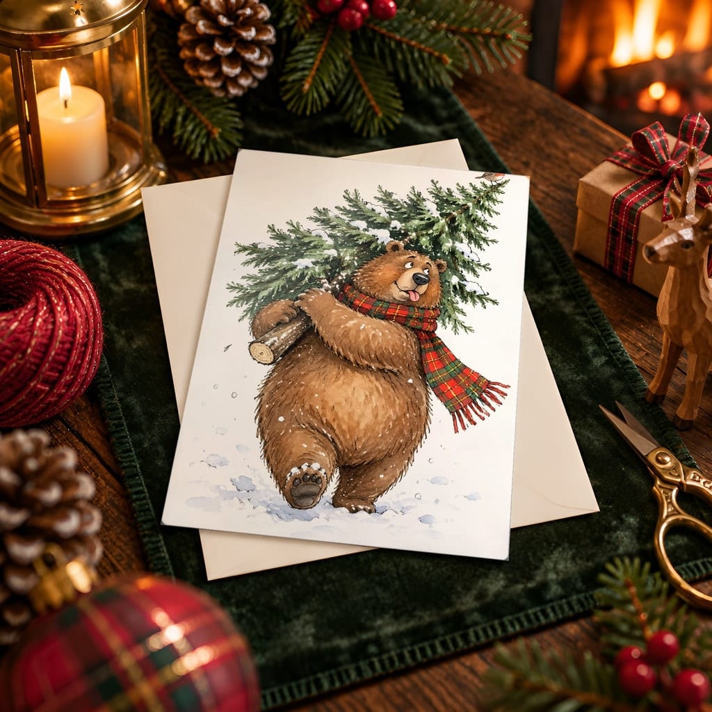 Christmas Card Mockup Bundle — 20 Cozy Cabin Plaid 5x7 Greeting Card PSD Mockups: mockup scene 11 of 20