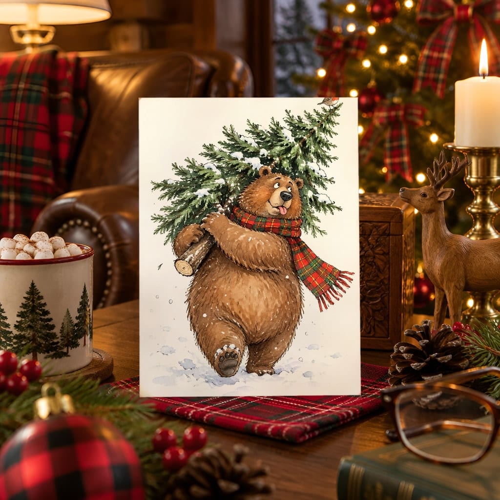 Christmas Card Mockup Bundle — 20 Cozy Cabin Plaid 5x7 Greeting Card PSD Mockups: mockup scene 12 of 20